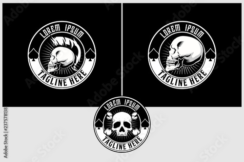 punk skull head black and white vector logo template collection