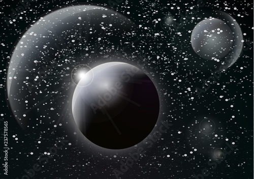 Deep space background. Universe with planets and bright stars. Effects of halo light on a dark background, flashes of light. Vector illustration.