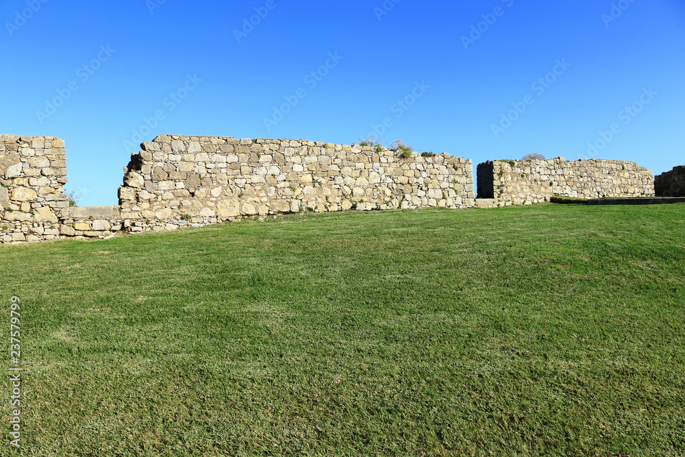 grassy lawn with ruins in the background