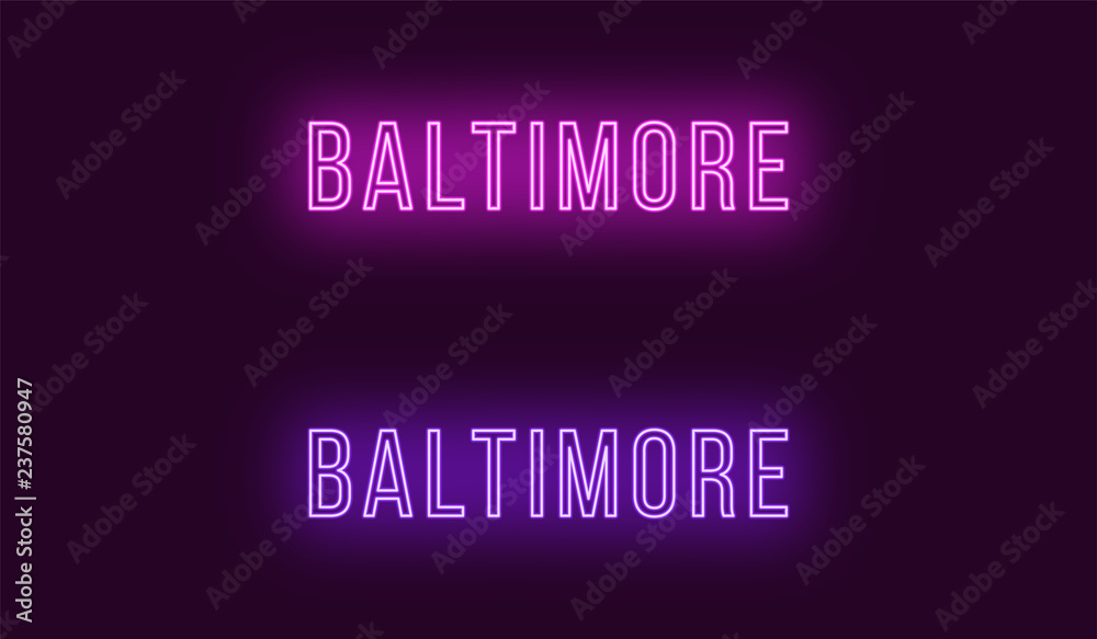 Neon name of Baltimore city in USA. Vector text