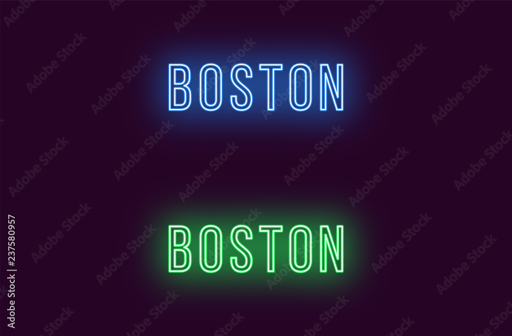Neon name of Boston city in USA. Vector text