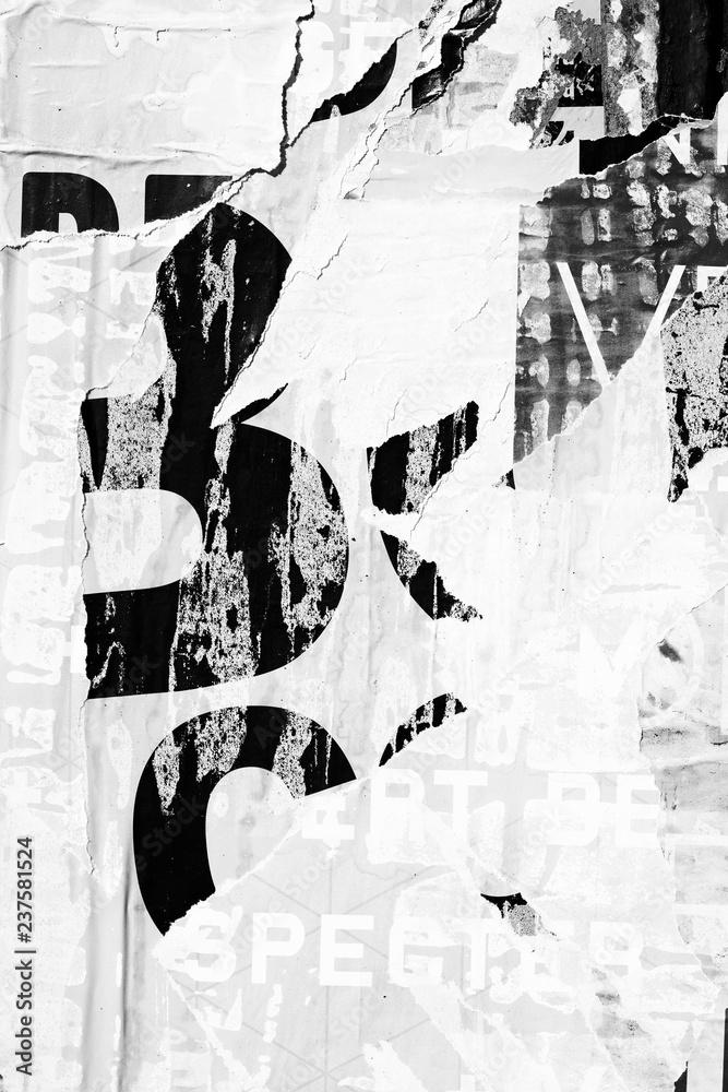 Blank black white creased crumpled paper texture background old grunge ripped torn collage posters placards empty copy space for text