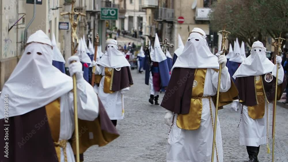 Celebrations of Easter in Enna, Sicily, Italy with the procession of the hoodeds, where members of religious brotherhoods carry statues of the Christ and Our Lady of Sorrows. Celebrations of Easter in Enna, Sicily, Italy with the procession of the hoodeds, where members of religious brotherhoods carry statues of the Christ and Our Lady of Sorrows.