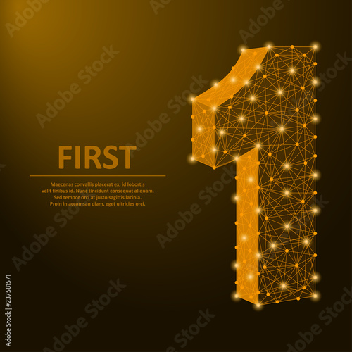 Number one made by points and lines, first sign with golden polygonal wireframe mesh. Vector illustration.