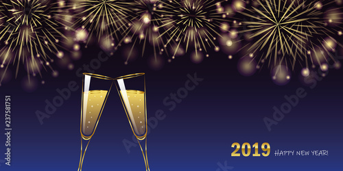 happy new year 2019 golden firework and champagne glasses greeting card vector illustration EPS10