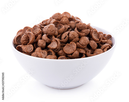 chocolate cereals in bowl on white background. Cornflakes