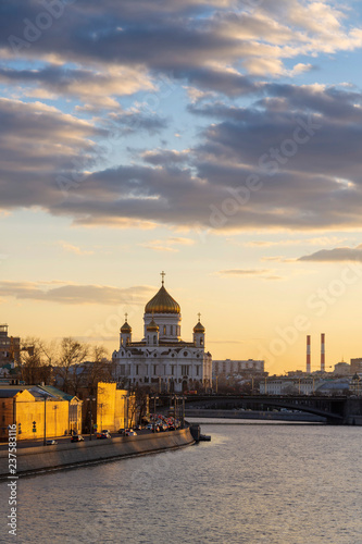 Moscow Cathedral of Christ the Savior and Moscow river and patriarchal bridge with sunset sky background, Moscow city, Russia.