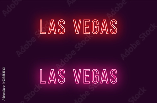 Neon name of Las Vegas city in USA. Vector text