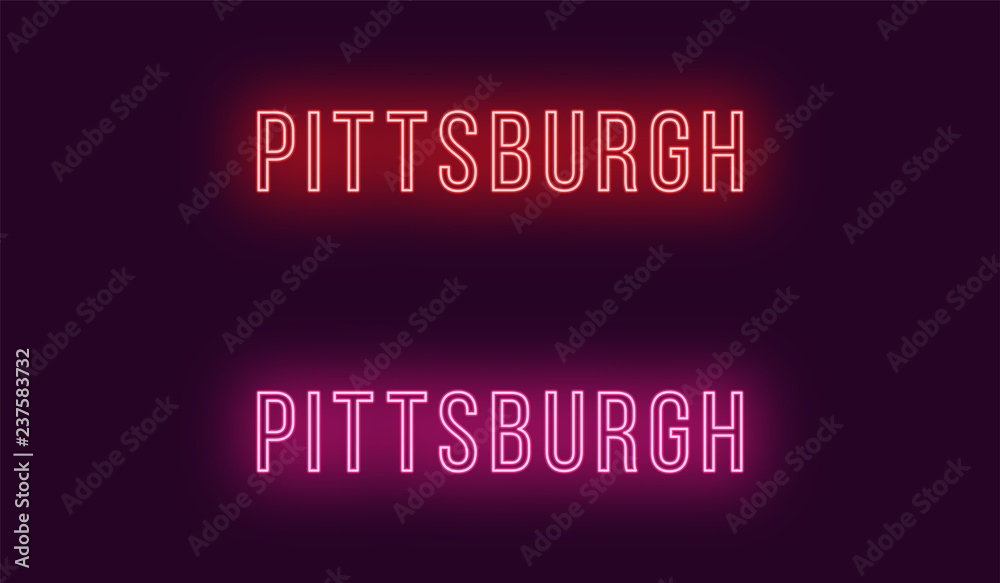 Neon name of Pittsburgh city in USA. Vector text