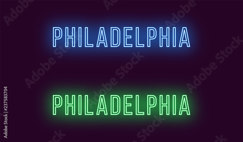 Neon name of Philadelphia city in USA. Vector text