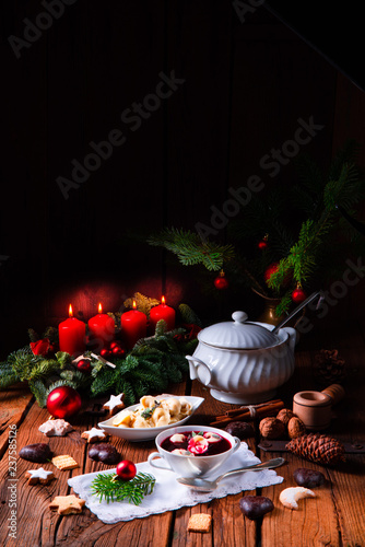 Christmas beetroot soup- borscht with small dumplings photo