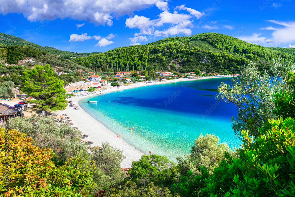 Best beaches of Skopelos island - beautiful Limnonari with amazing bay. Sporades islands of Greece
