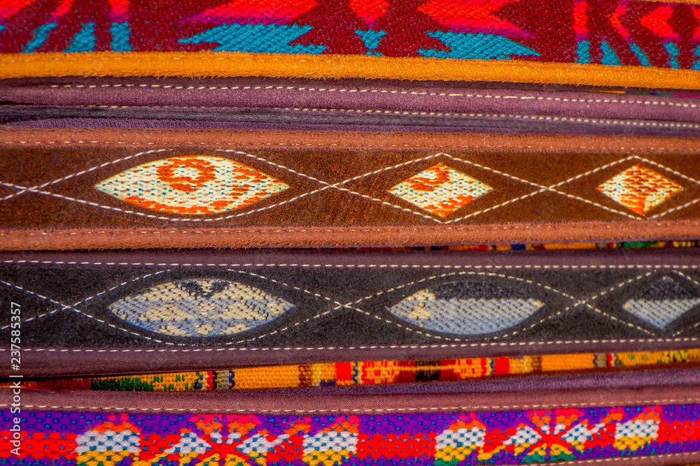 The typical andean fabrics sold on the handicrafts market of Otavalo, Ecuador