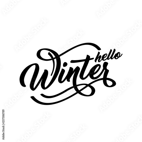 Hello Winter handlettering inscription. Winter logos and emblems for invitation, greeting card, prints and posters. Calligraphic design.