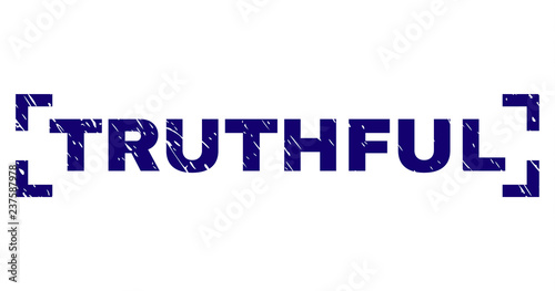 TRUTHFUL title seal print with grunge style. Text title is placed between corners. Blue vector rubber print of TRUTHFUL with unclean texture.