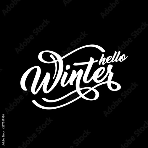 Hello Winter handlettering inscription. White text on a black background. Winter logos and emblems for invitation, greeting card, prints and posters. Calligraphic design.