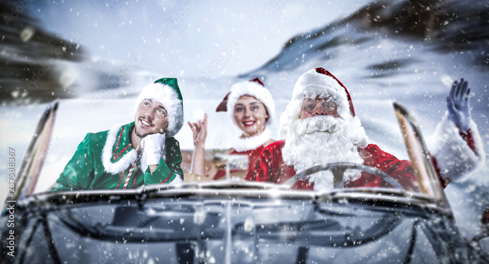 Santa Claus car and winter road 