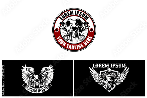 dog or wolf skull with wing, piston and wrench badge crest logos template collection