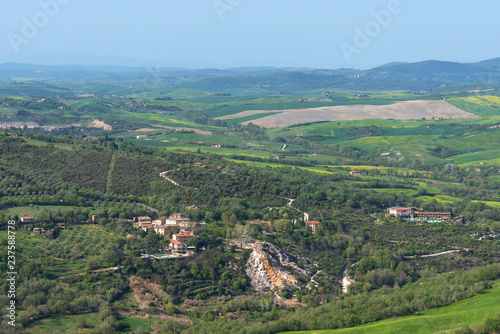 Amazing aerial view of Bagno Vignoni from Fortress of Tentennano, Tuscany, Italy