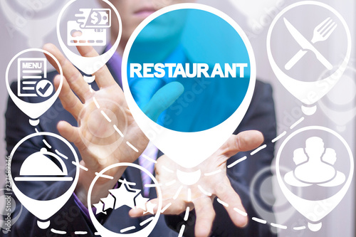 Restaurant concept. Man offers a restaurant location word icon on a virtual screen. Social food service business concept.