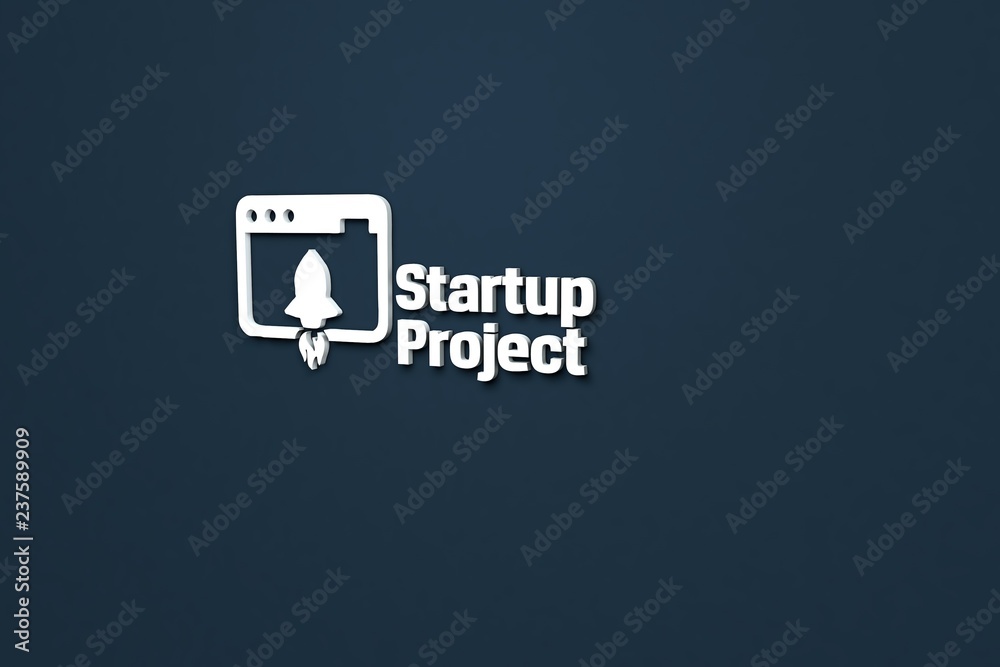 3D illustration of Startup Project, light color and light text with blue background.