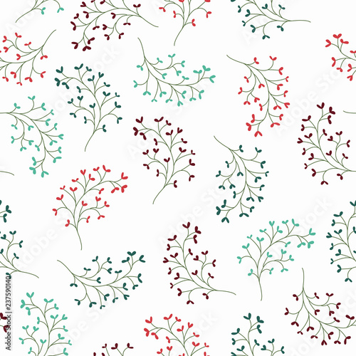 Colorful heart leaf braches on white background seamless vector pattern