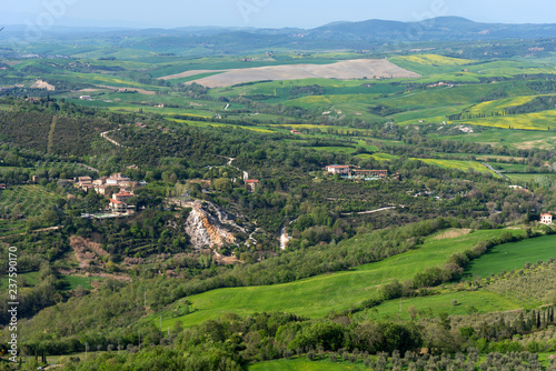 Amazing aerial view of Bagno Vignoni from Fortress of Tentennano, Tuscany, Italy