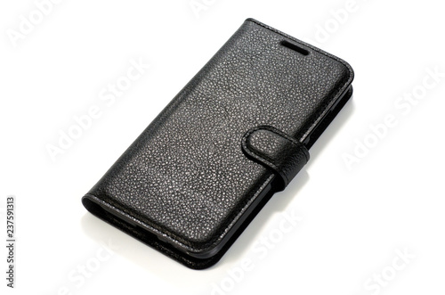 Genuine black leather case for smartphone closeup shot on white background