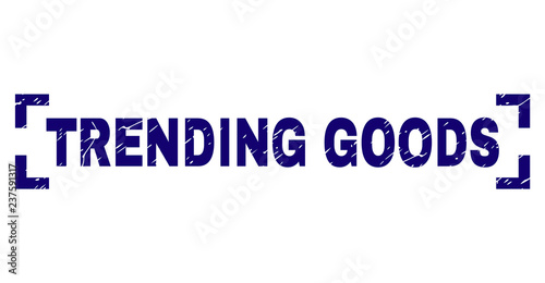 TRENDING GOODS label seal watermark with corroded texture. Text label is placed between corners. Blue vector rubber print of TRENDING GOODS with unclean texture.