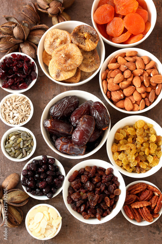 Mix of dried fruits and nuts - symbols of judaic holiday Tu Bishvat