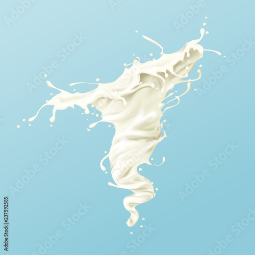 Milk swirl or white paint splash or whirlpool with droplets and splatters realistic vector isolated on blue background. White liquid illustration. Dairy or cosmetics product advertising design element
