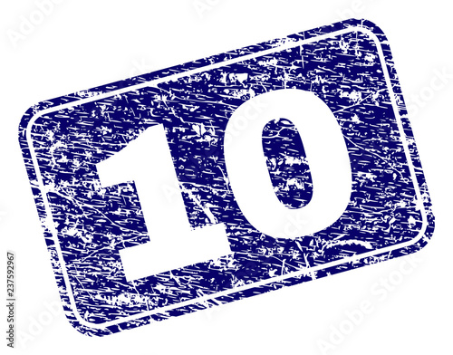 10 stamp seal print with grunge texture. Seal shape is a rounded rectangle with frame. Blue vector rubber print of 10 text with grunge texture.