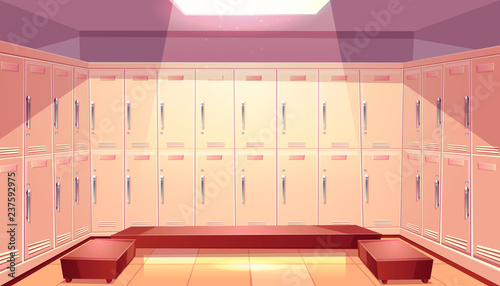 Gym or sport club locker room interior cartoon vector with two rows of closed personal lockers and comfortable seats illustration. School or kindergarten dressing room. Station luggage storage