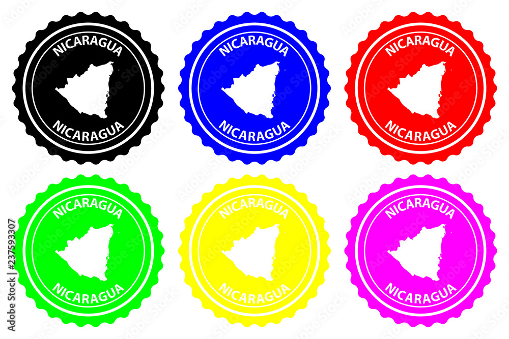 Obraz premium Nicaragua - rubber stamp - vector, Republic of Nicaragua map pattern - sticker - black, blue, green, yellow, purple and red
