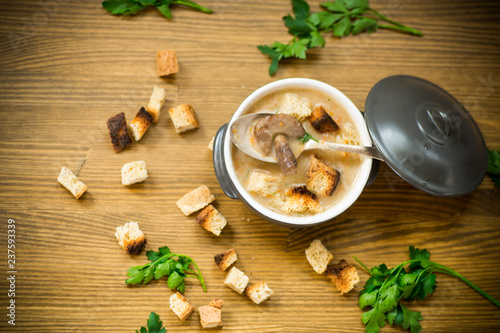 Fototapeta Naklejka Na Ścianę i Meble -  soup puree with mushrooms and croutons in an bowl