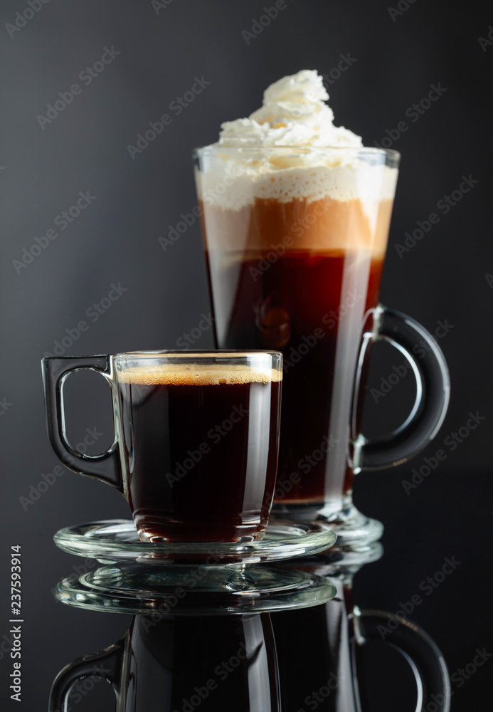 Various coffee drinks on a black background. Various coffee drinks on a black background.