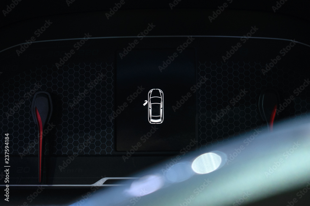 Door Open Warning Light On Car Dashboard Close Up Shot Open Doors Car Warning Signs Monitor System Close And Open Door Notification Car Dashboard Against The Steering Wheel Background Stock Photo