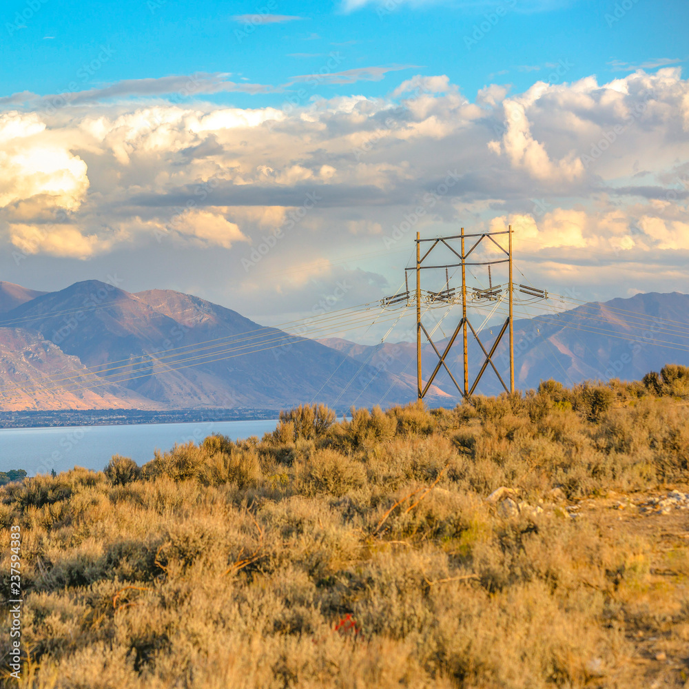 Utah Valley with power line lake and mountain view