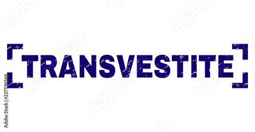 TRANSVESTITE text seal print with distress effect. Text tag is placed between corners. Blue vector rubber print of TRANSVESTITE with corroded texture.