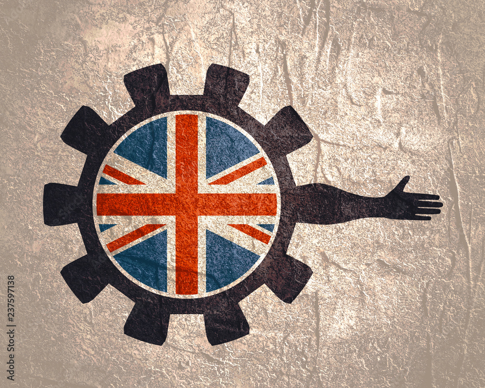 Abstract technology assistant emblem. Human arm and cog wheel with flag of the Britain Abstract technology assistant emblem. Human arm and cog wheel with flag of the Britain