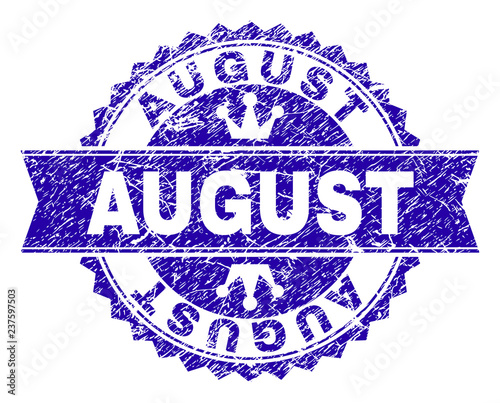 AUGUST rosette stamp seal watermark with distress texture. Designed with round rosette, ribbon and small crowns. Blue vector rubber watermark of AUGUST label with retro texture.