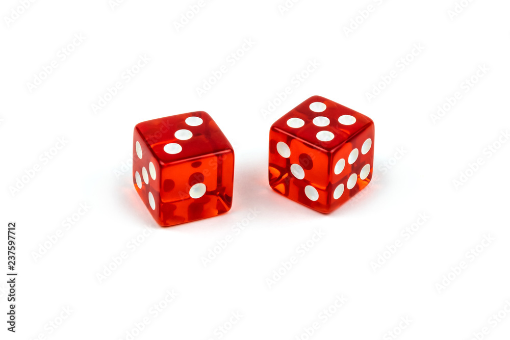 Two red glass dice isolated on white background. Three and five. Two red glass dice isolated on white background. Three and five.