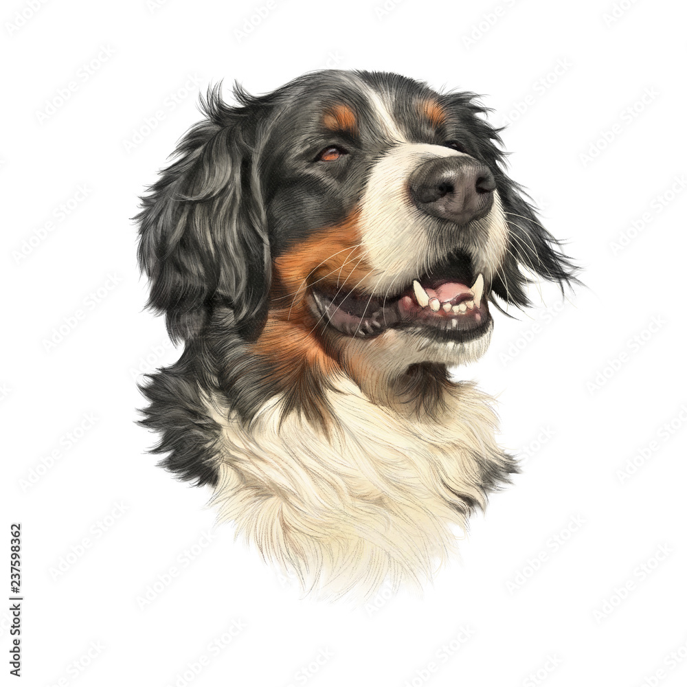 Bernese Mountain Dog isolated on white background. Realistic Portrait of Berner Sennenhund. Large Dog Breeds. Animal art collection: Dogs. Hand drawn pet illustration. Design template for pet shop