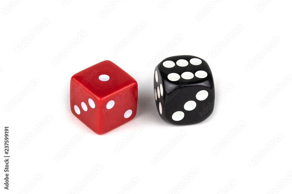 Two dice isolated on white background. Red one and black six. Two dice isolated on white background. Red one and black six.