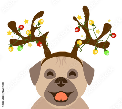 Funny puppy with Christmas costume vector.Pug dog with reindeer antlers with lights.