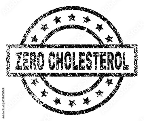 ZERO CHOLESTEROL stamp seal watermark with distress style. Designed with rectangle, circles and stars. Black vector rubber print of ZERO CHOLESTEROL caption with unclean texture.