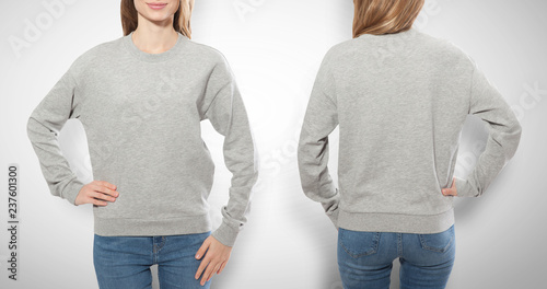 Billede på lærred young girl in gray sweatshirt front and rear, gray hoodies, blank isolated on wh