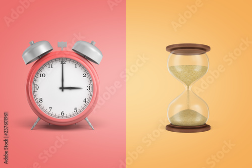 3d rendering of alarm clock and sandglass on coral and yellow background