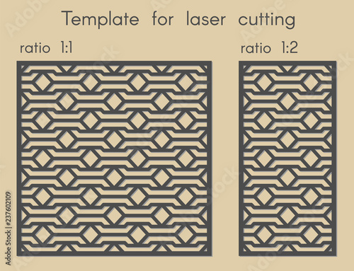 Template for laser cutting. Stencil for panels of wood, metal. Abstract geometric background for cut. Ratio 1:1, 1:2. Vector illustration. Decorative cards.