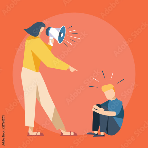 Vector cartoon illustration of Mother cry at boy with. Cute Boy crying and His Mom shot swearing in loudspeacker.